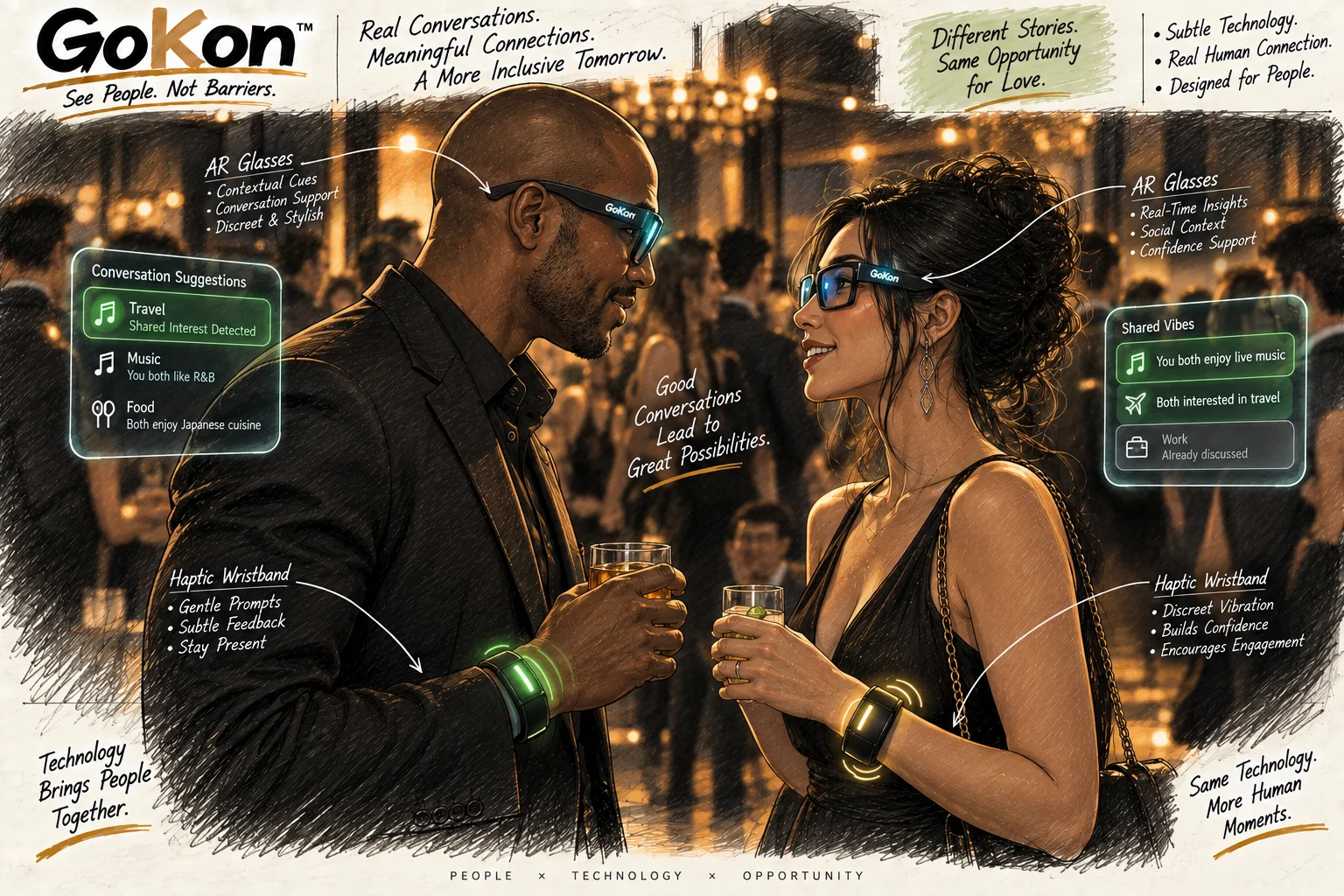 GoKon cover image showing two people connecting while using AR glasses and haptic wristbands